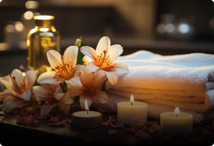 Three candles, flowers, and a bottle of massage oil next to some folded towels (spa theme)